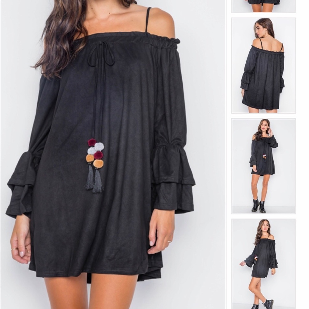 New Black Faux Suede Off The Shoulder Mini Dress
